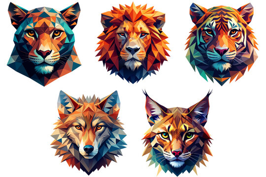 Set of colorful polygonal animals head Tiger, Lion, Jaguar, Wolf, Lynx. Vector illustration for your design