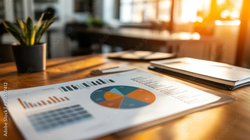 Poster A pie chart printed on a glossy report, with sections representing company revenue streams, displayed on a desk.