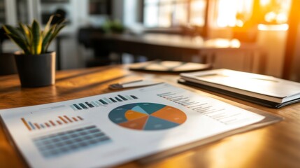 A pie chart printed on a glossy report, with sections representing company revenue streams, displayed on a desk.