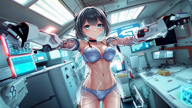 Young woman in bikini stands confidently in futuristic laboratory. Holographic displays and advanced machinery surround her. Sleek, technological atmosphere with cool blue lighting.	