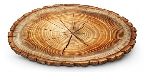 Fototapeta premium A rustic graphic illustration of a sawcut tree trunk displays aged annual rings with splits and cracks, isolated on a clean white background.