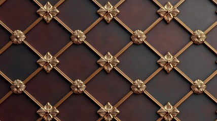 Fototapeta premium Repeating motif of intricate gold filigree on deep burgundy background.