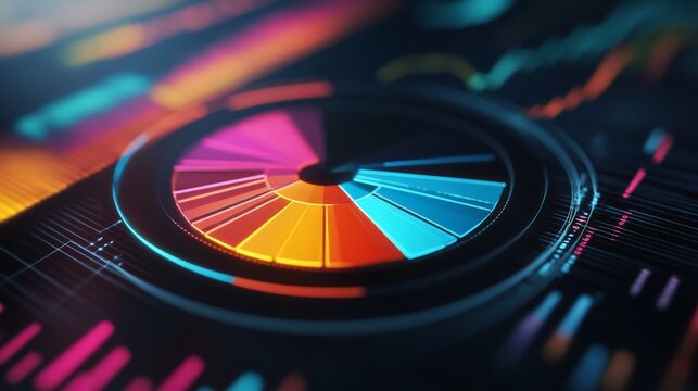A pie chart with vibrant, contrasting colors, representing a company's budget allocation on a digital screen.