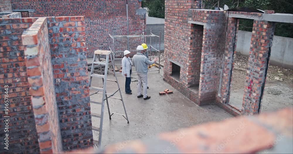 Poster construction site, team and man with tablet for plan, instruction and discussion for luxury home. wo
