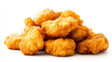 A pile of fried chicken nuggets, perfectly golden and crispy, on a white background.