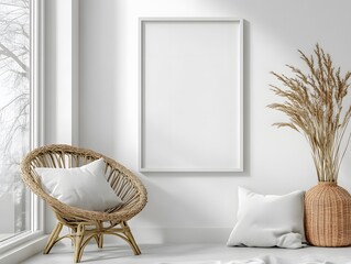 White poster mockup placed on a plain white wall, showcasing its clean and simple frame
