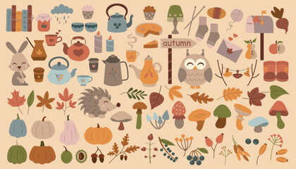 Autumn vector elements set. Cozy fall stickers. Leaves, pumpkins, hedgehog, tea, coffee, cake, lamp, books. Elements of autumn season perfect for scrapbook, postcard, poster, invitation, sticker set.