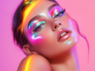 Close-up of a woman's face with vibrant holographic makeup, pink background.