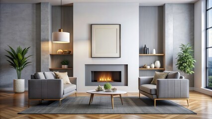 Minimalist living room with a single mockup poster blank frame above a fireplace, minimalist, living room, mockup