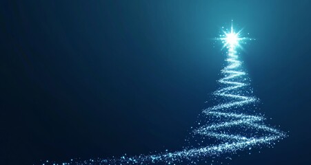 A stylized white Christmas tree is drawn with lines on a blue background, with a glowing star at the top. with copy text. Generative AI