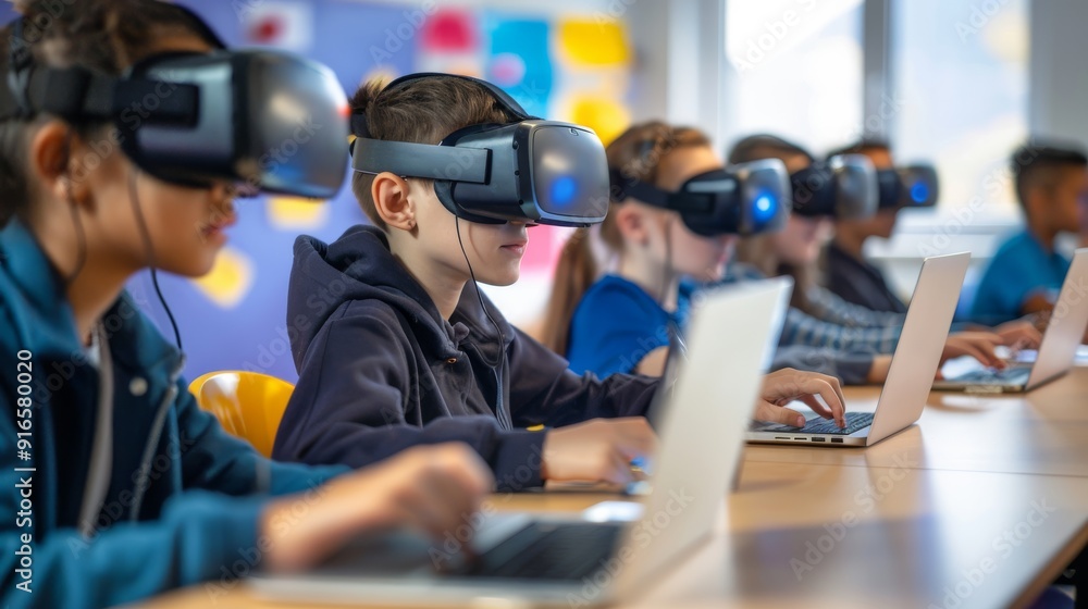 Poster in todays classrooms, students are leveraging technology like virtual reality headsets and laptops t