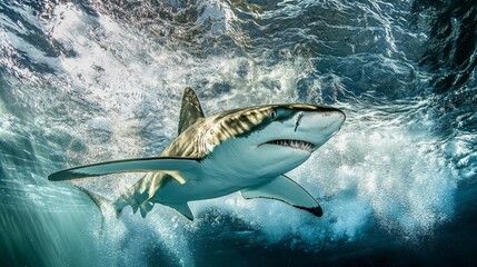Fototapeta premium A powerful shark with a prominent dorsal fin, captured in a dynamic pose as it glides through the water.