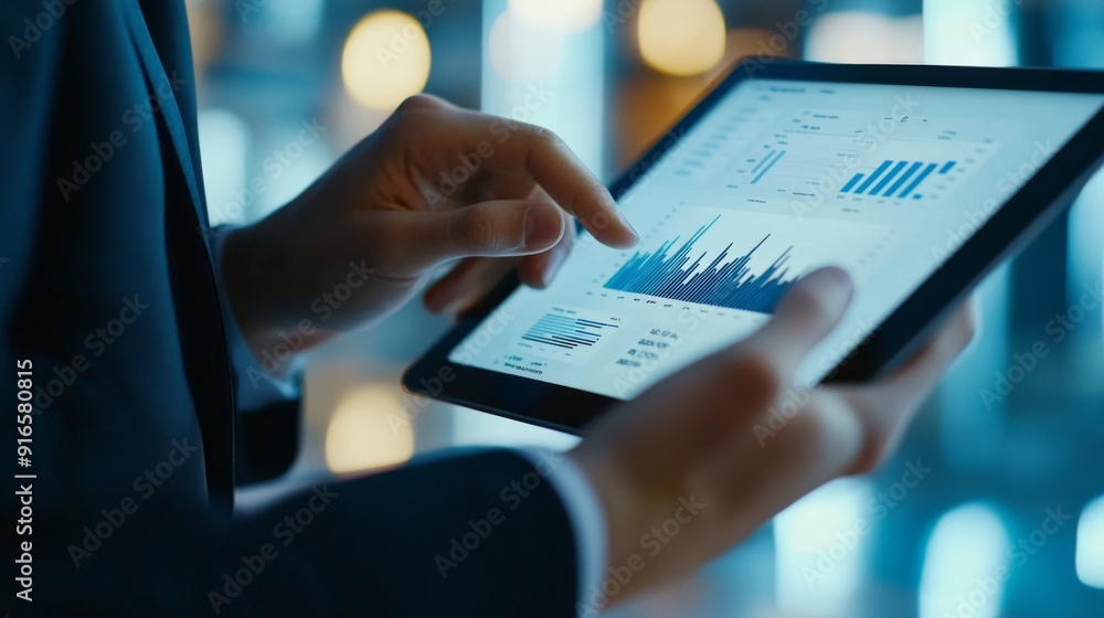 Poster a professional businessperson using a tablet in a modern office, with financial charts and data visi