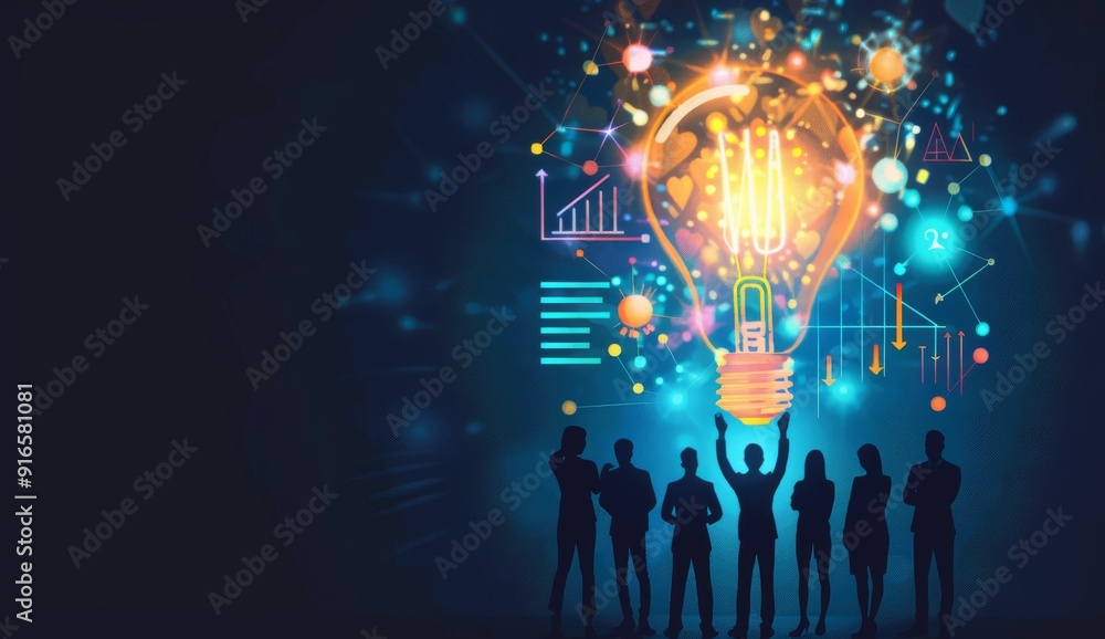Poster a visual representation illustrating teamwork, innovation, and collaboration using a glowing light b