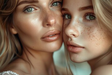 Obraz premium Two women with green eyes and light brown hair are posing for a picture