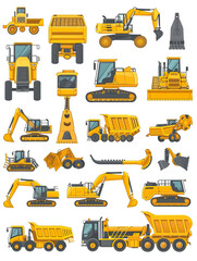 A collection of yellow construction vehicles, including bulldozers, excavators