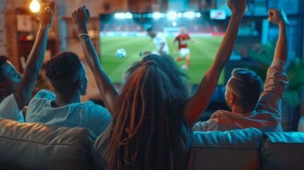 Fototapeta premium A group of people are watching a soccer game on a television