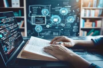 A person studying computer science immerses in handson learning using a book, laptop, and digital interfaces for research. They explore programming, coding, data, and software development