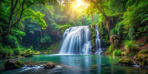 Naklejka premium A serene waterfall flowing through a lush forest , nature, landscape, waterfall, serene, peaceful, forest, trees