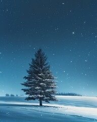 Fototapeta premium A serene winter landscape featuring a snow-covered pine tree under a clear blue sky, with gentle snowflakes falling.