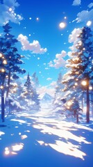 Enchanting Anime-Style Winter Wonderland: Dreamy Lakeside Scene with Mesmerizing Cloud Reflections. Ideal for Holiday Promotions, Travel Destinations, and Inspiring 4K Wallpapers. Perfect for Creative
