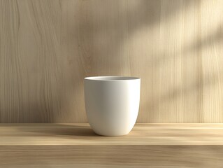 Minimalist white tumbler mockup placed on a light wooden surface with subtle reflections
