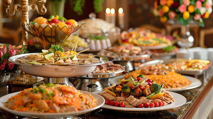 A lavish buffet table with various international cuisines, elegantly presented