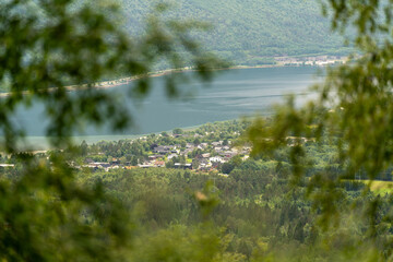 view over isfjorden town in andalsnes norway from the fjord mountain, rainy day  in the mountain