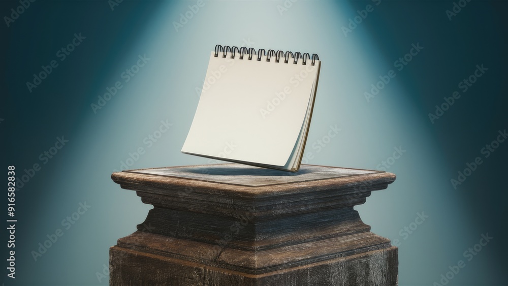 Poster empty white notepad on a rustic wooden pedestal against a gradient blue background 3d mockup renderi
