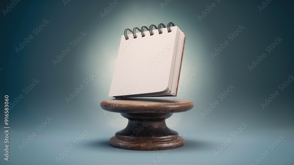Poster empty white notepad on a rustic wooden pedestal against a gradient blue background 3d mockup renderi