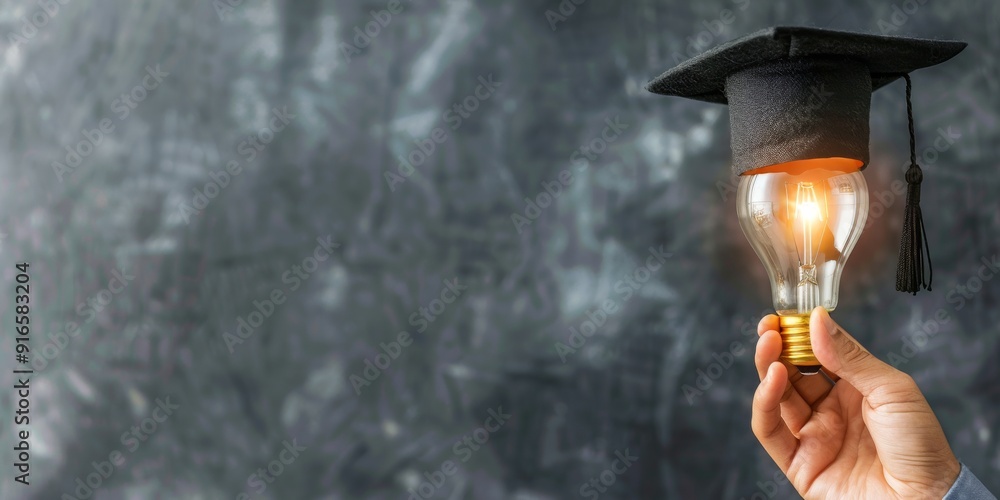 Poster an illustration featuring a light bulb and a graduation cap symbolizes various concepts such as know