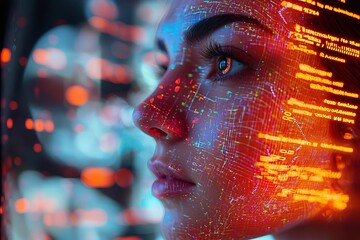 Close-up of woman's face with futuristic digital interface overlay, depicting advanced technology, data visualization, and software analytics.