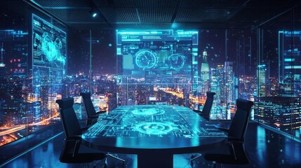 Futuristic conference room with holographic interface and city skyline at night, showcasing advanced technology and modern urban life.