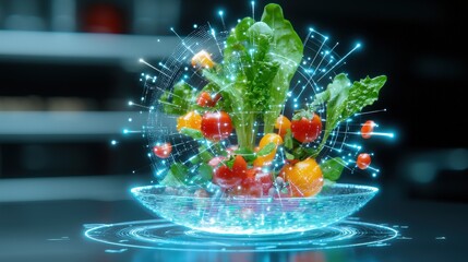 AI-powered nutritionist guiding a user through personalized meal planning via a hologram