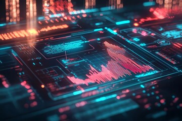 Futuristic digital interface with data visualization, displaying complex graphs and analytics in a neon-lit environment.