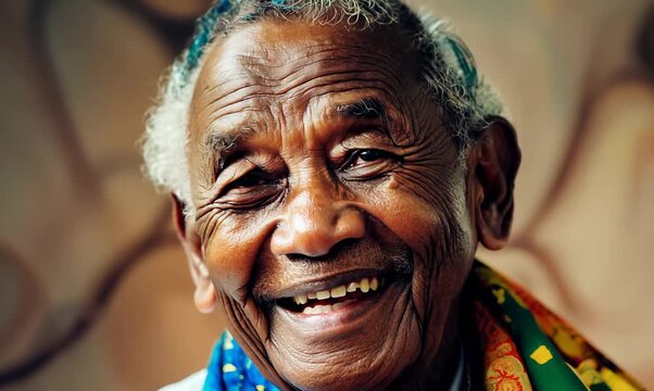 Portrait video of a happy 100-year-old elderly Indonesian man wearing a foulard against an abstract background 
