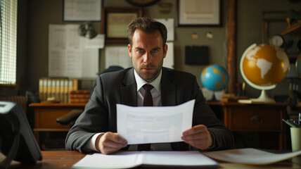 A man in a suit is sitting at a desk with a piece of paper in front of him, focused expression, modern office setting