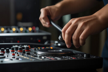 DJ performing at a music event, manipulating turntables and mixing tracks in a dimly lit venue