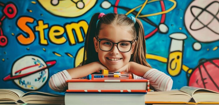 A girl in a STEM classroom symbolizes education, learning, future prospects in science, technology, engineering, and mathematics, reflecting creativity, innovation, and a bright academic future