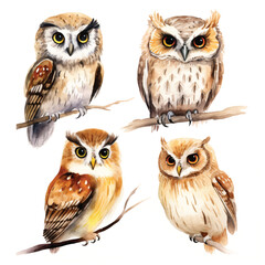 watercolor painting of owl four collection isolated