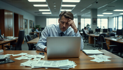 Obraz premium tired and annoyed businessman with paperwork to do on. his laptop