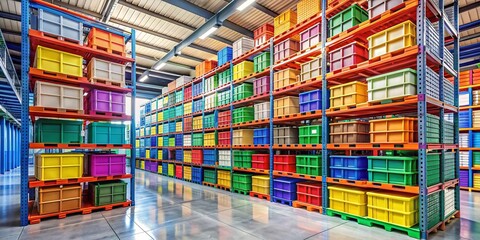 Obraz premium Rows of metal shelves lined with stacks of colorful storage boxes, crates, and bins in a bright, organized warehouse with plenty of space.
