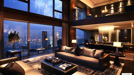A luxurious penthouse apartment with sleek, modern furniture and a sophisticated, urban vibe