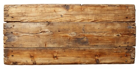 Rustic old wooden plank with worn texture and distressed edges, isolated on a clean white background, perfect for design elements or rustic-themed compositions.