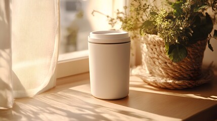White tumbler mockup placed on a simple desk, illuminated by soft natural light