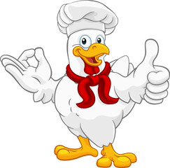 A chef chicken rooster cockerel cartoon character mascot doing a chefs okay perfect hand sign and thumbs up