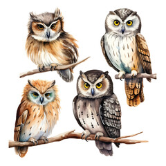 Fototapeta premium watercolor painting of owl four collection isolated