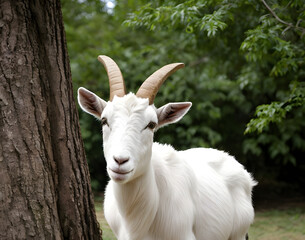 Fototapeta premium Goat Attempting to Climb a Tree with an Amused Look