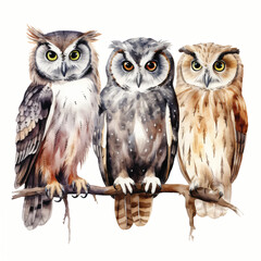 watercolor painting of owl four collection isolated