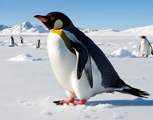 Fototapeta premium Penguin Joyfully Sliding on Ice with a Cheerful Pose